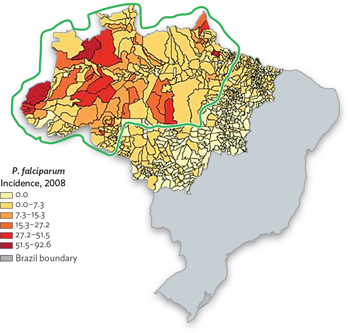 A map of P falciparum incidence in the Brazilian Amazon in 2008.