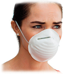 A photo of a woman wearing an N 95 face mask.