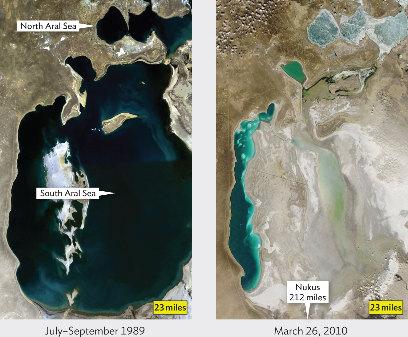 Two satellite photos of the Aral Sea in Uzbekistan.