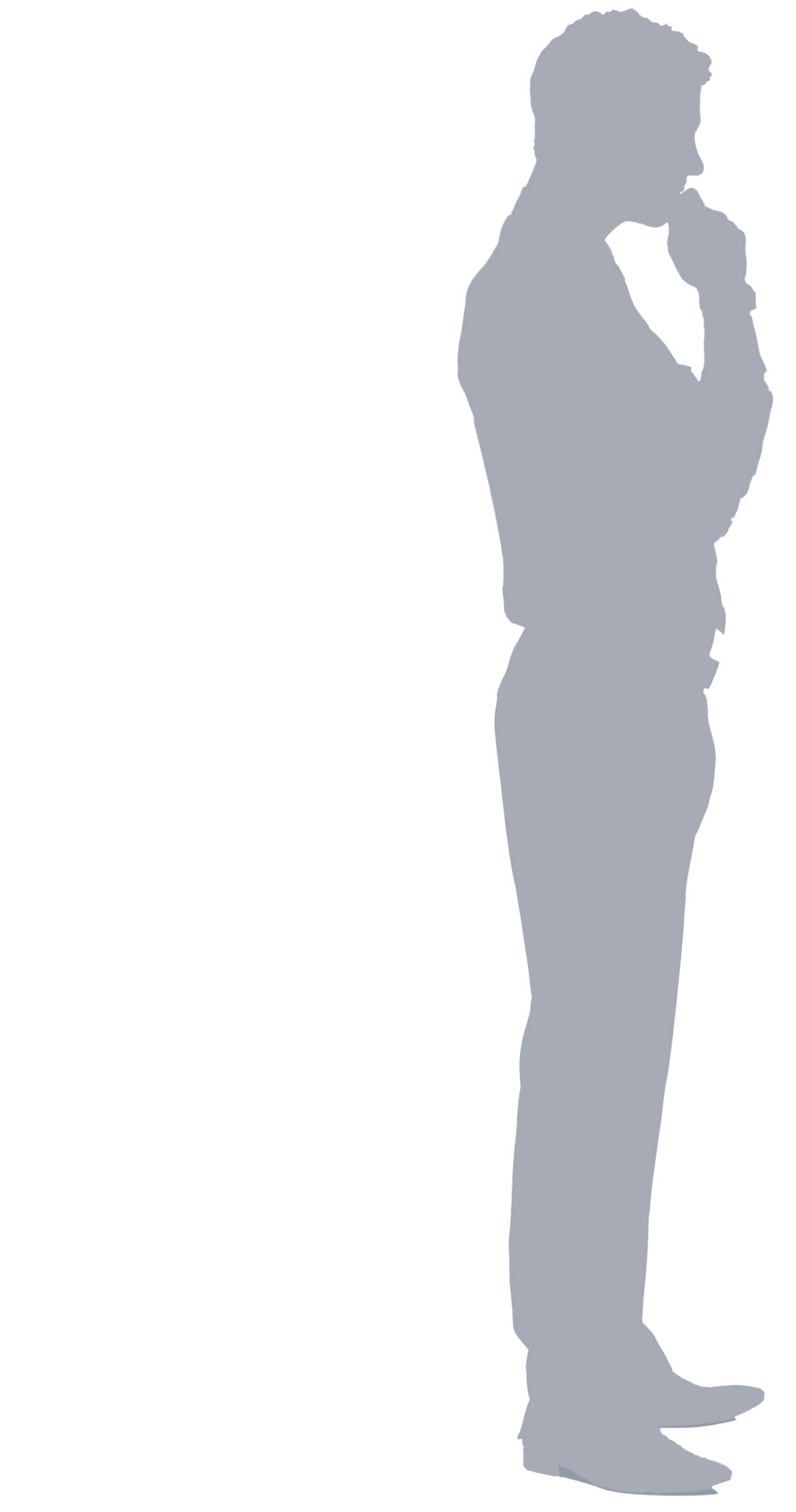 An illustrated silhouette of a man standing in a pensive pose.