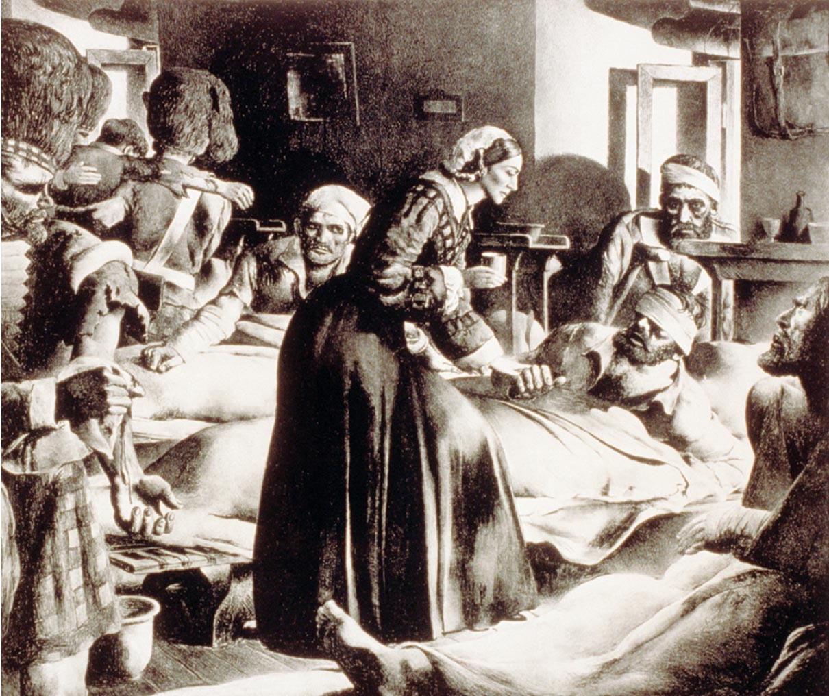 An illustration of Florence Nightingale tending to a patient and a diagram of medical statistics from 1856 are shown. An illustration of Florence Nightingale tending to a wounded patient in a busy hospital.