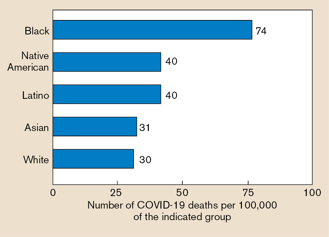 A bar chart depicts COVID 19 death rates for different ethnic groups in 2020.