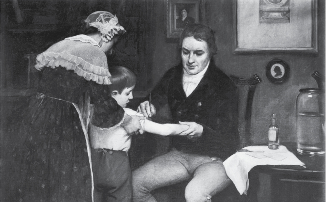 An illustration of Dr. Edward Jenner vaccinating a child.