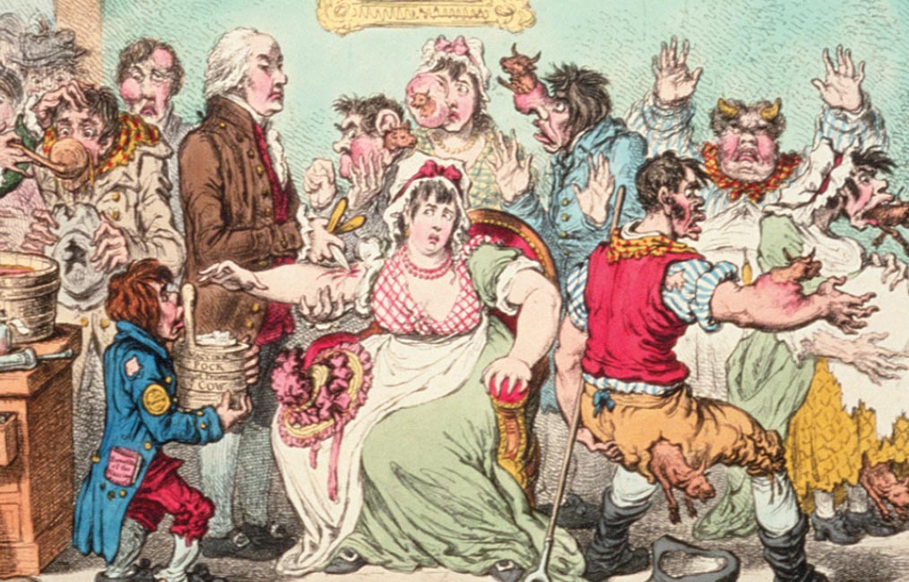 An eighteenth century cartoon depicting a negative public reaction to cowpox vaccination.