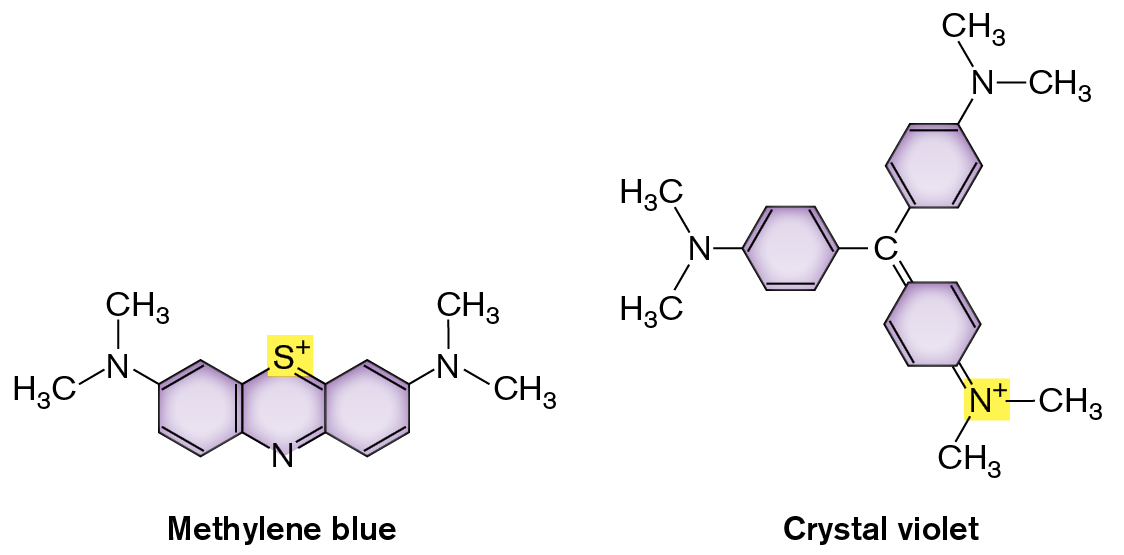 Two molecular structures of Methylene blue and Crystal violet are shown.