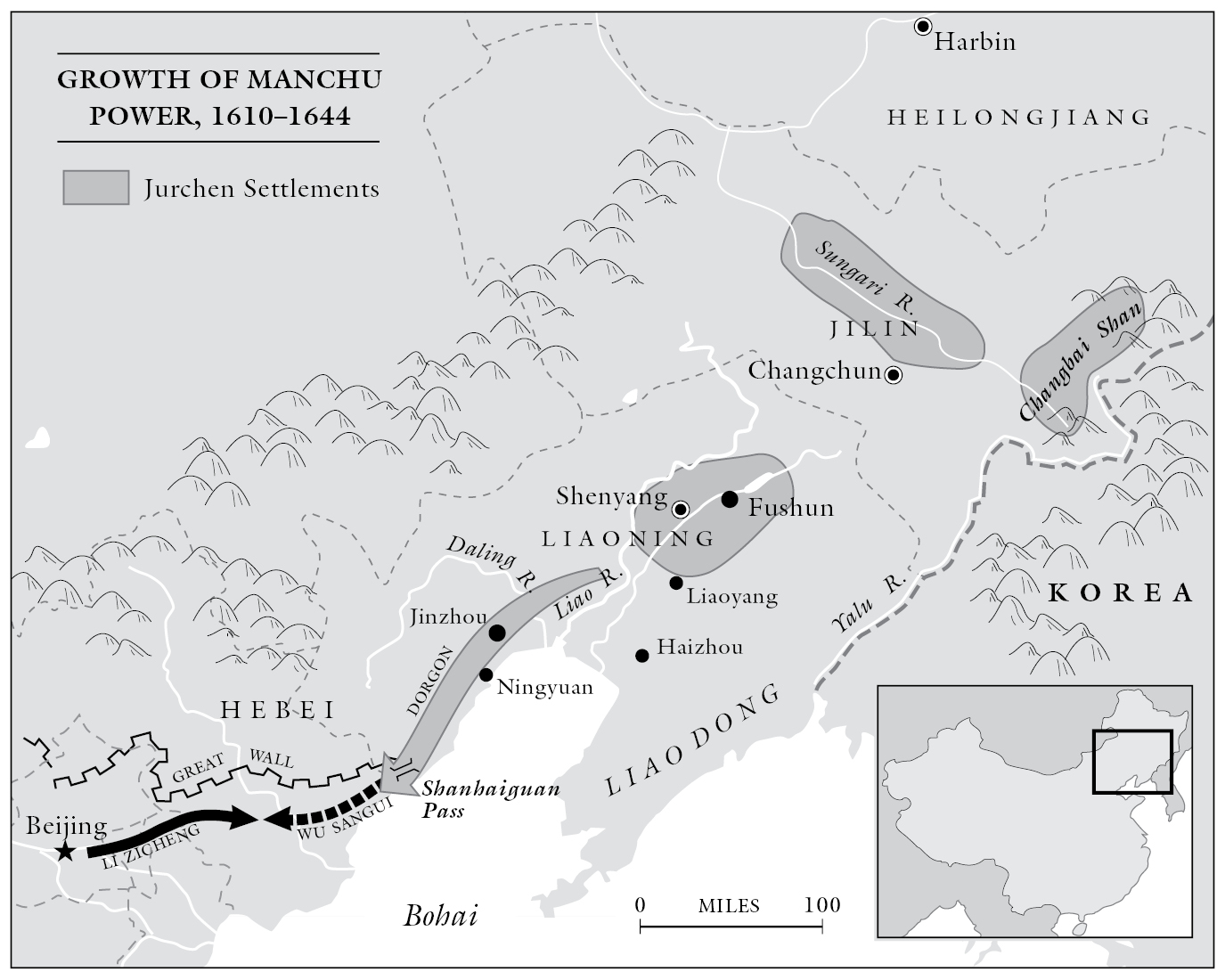 A map, scaled from 0 to 100 miles, titled “Growth of Manchu Power, 1610 to 1644,” plots Jurchen settlements in China.