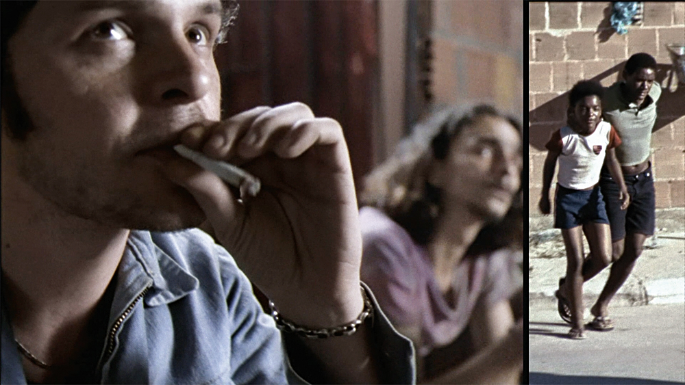 In City of God, three quarters of the screen shows a man smoking cigarette and in the other quarter are a boy and a man in shorts and t-shirts walking on a street.