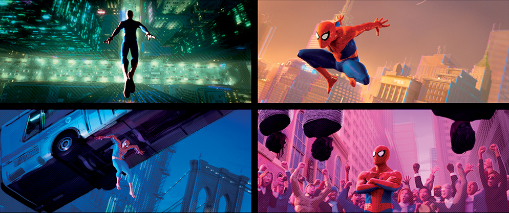 A split screen featuring four different images of Spiderman jumping off buildings and basking in the cheers of a crowd are shown in Spiderman: Into the Spider-Verse.