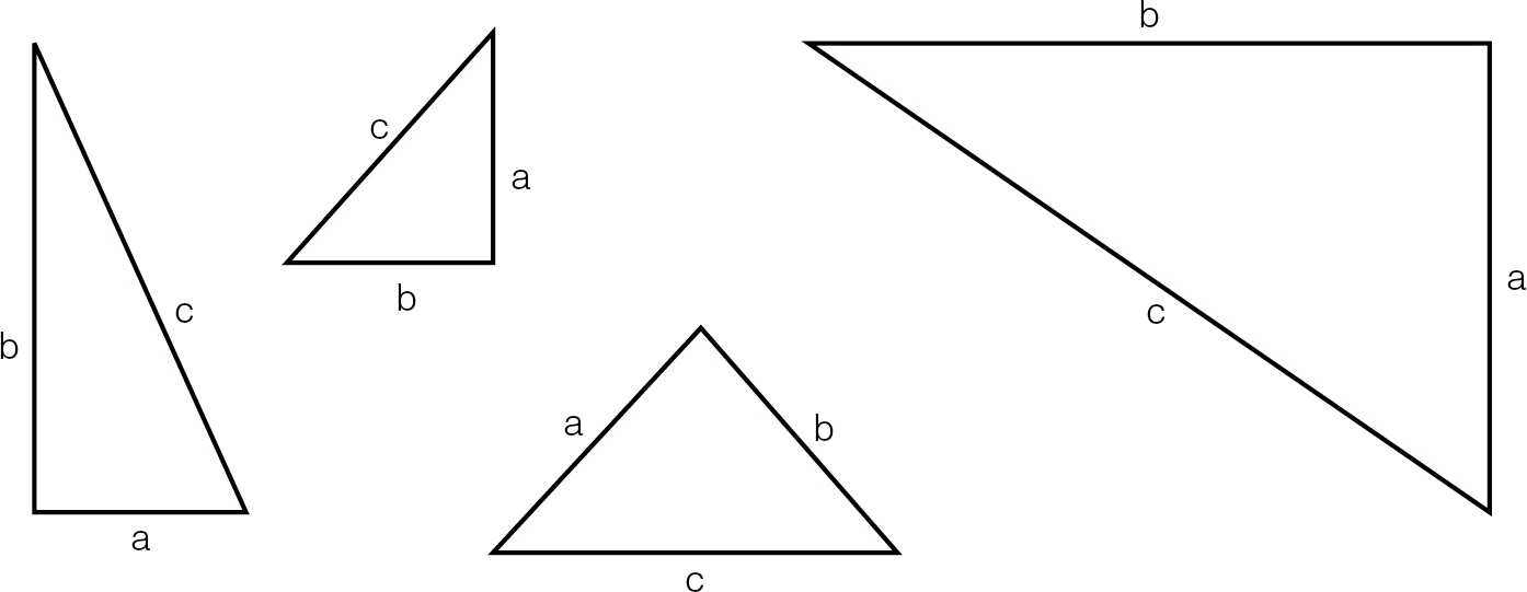 A diagram consisting of four differently sized triangles. Each triangle has their sides labeled A, B, and C.