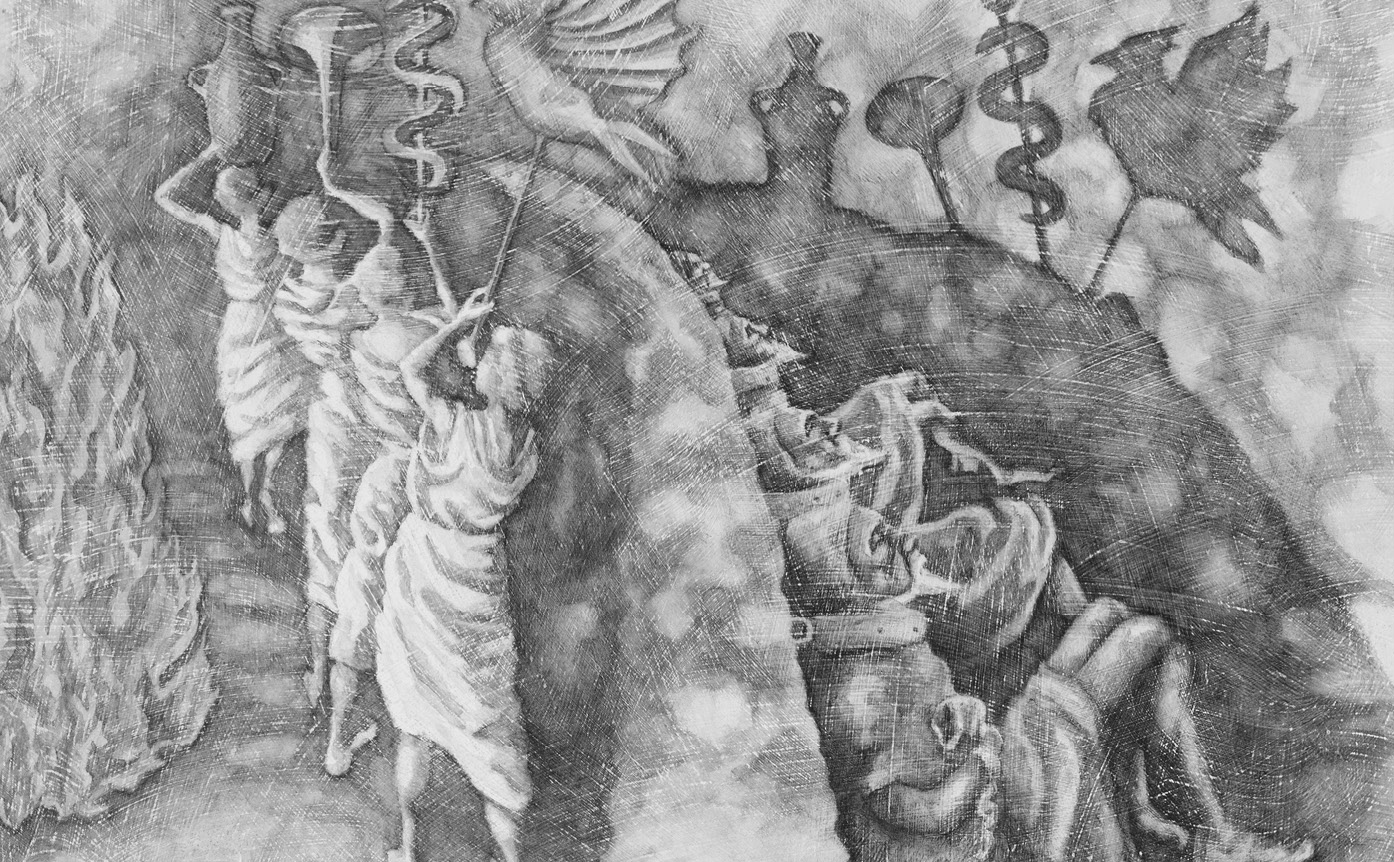 A black and white drawing. There is a line of people dressed in robes carrying various objects above their heads. To the left of them are flames. To the right of them are other people sitting with their backs against a ledge. The shadows of the objects being held in the air are on the wall to the right.