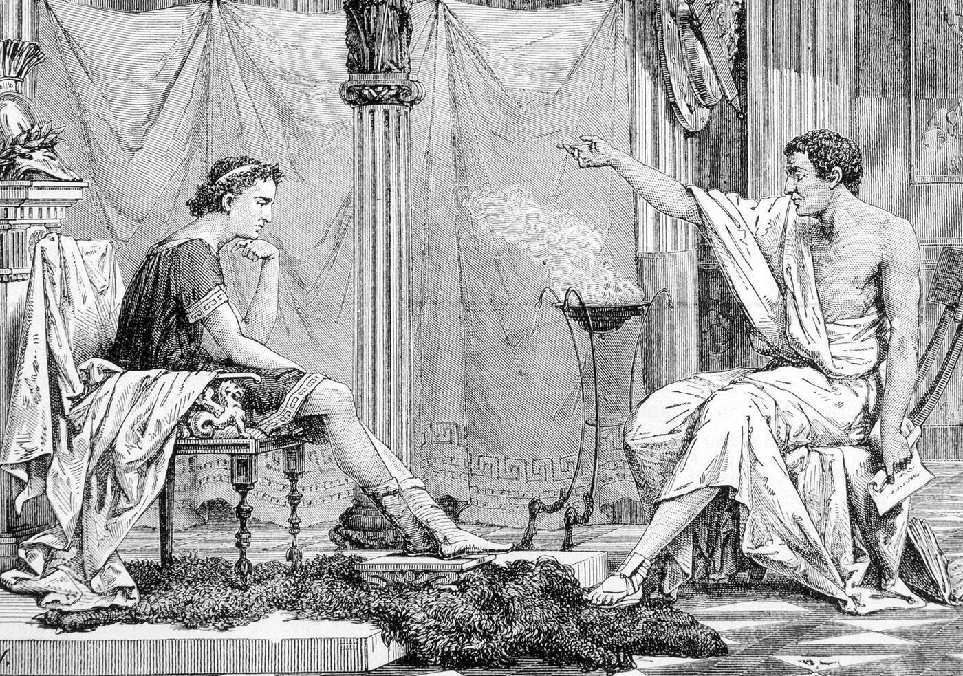 A drawing of an elegantly dressed man sitting in a chair with his chin resting on one hand. In front of him sits another man dressed in a robe with his right arm outstretched in front of him. He holds a piece of paper in his left hand.