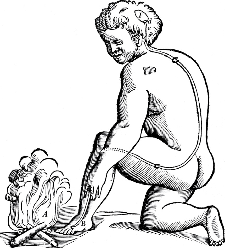 A sketch of a man kneeling by a bonfire.