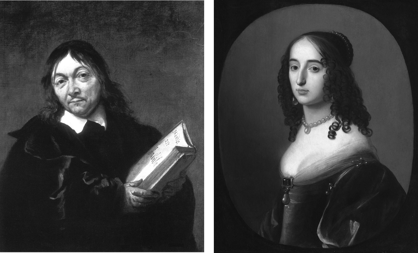 A portrait of a man holding a book with both hands.; A portrait of a woman wearing a low cut elegant dress, necklace, and earrings.