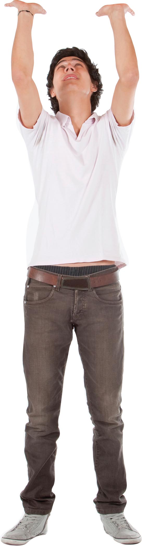 A young man looks upward while placing his hands over his head as if pushing up an imaginary ceiling.