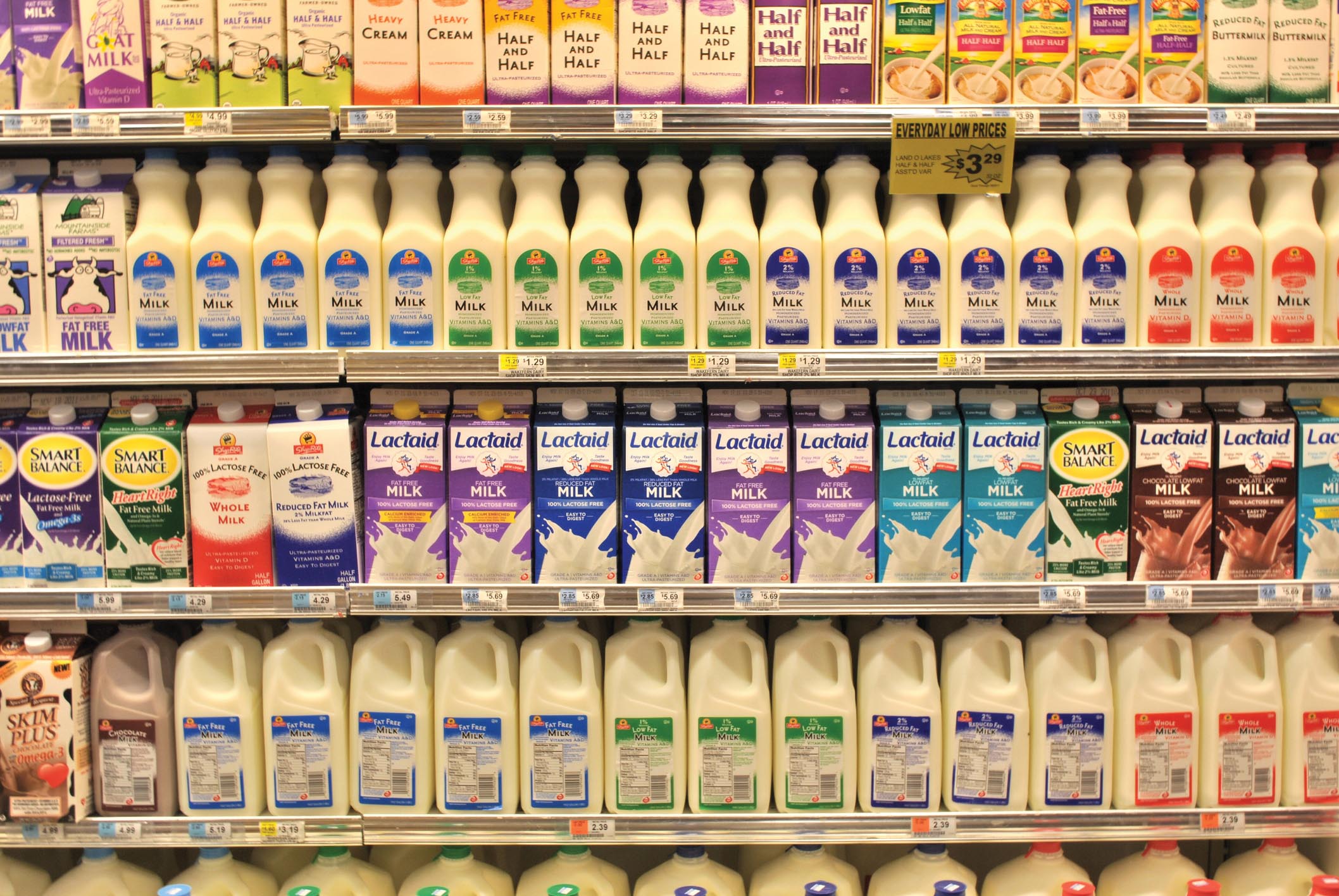 Supermarket shelves full of milk.