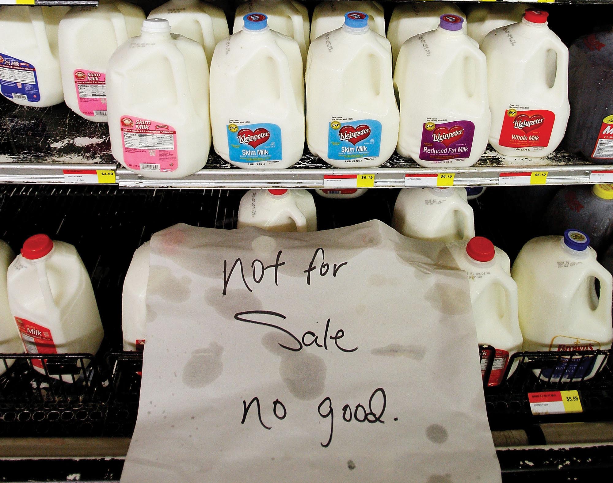 Milk with a sign saying NOT FOR SALE. NO GOOD.