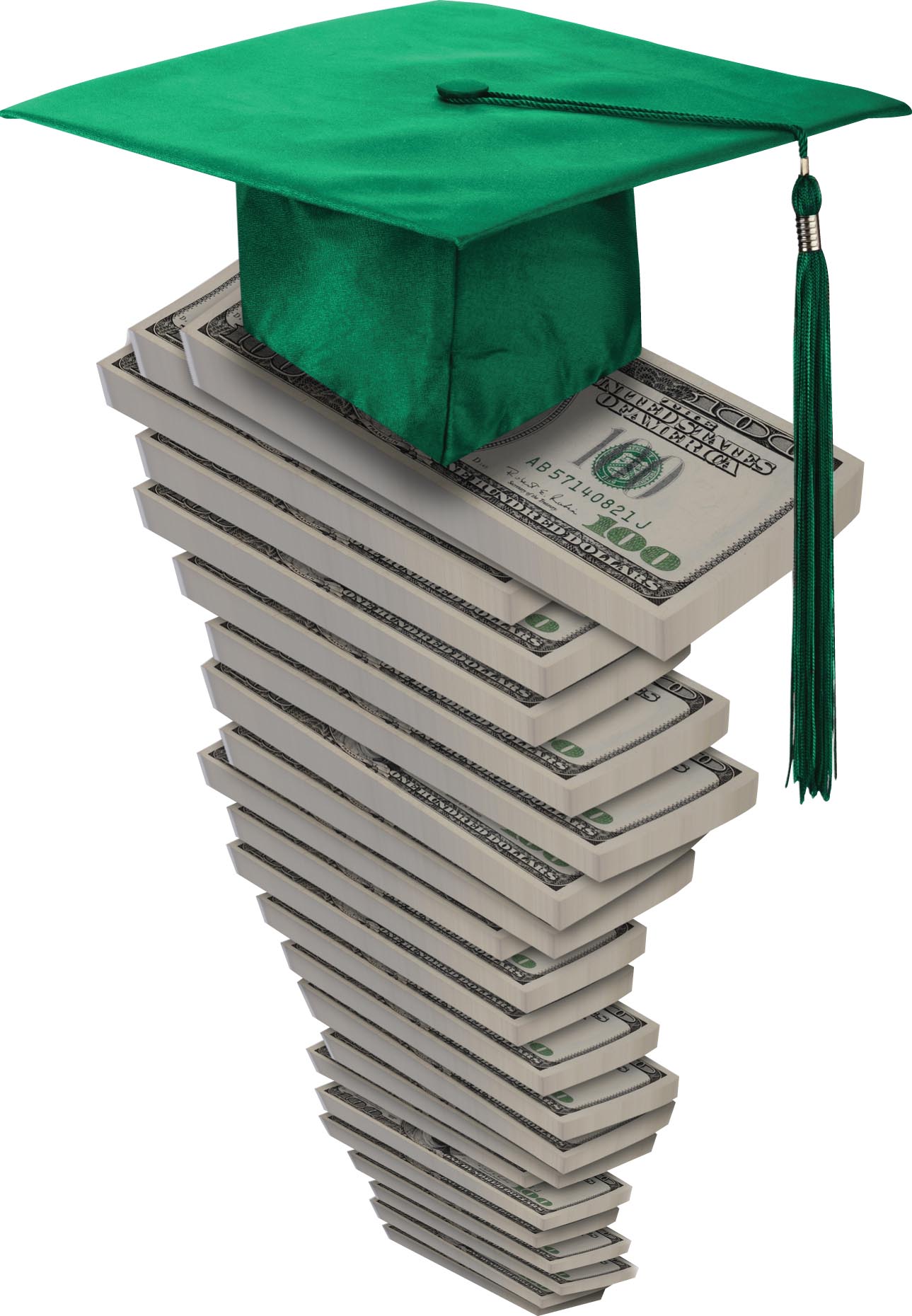 A graduation cap sits on top of a large stack of 100 dollar bills.