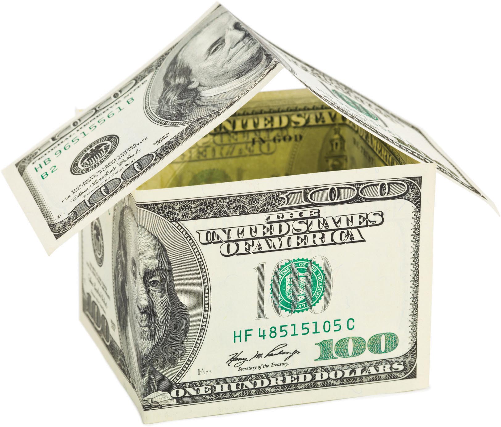 Three 100 dollar bills folded and stacked into a house shape.