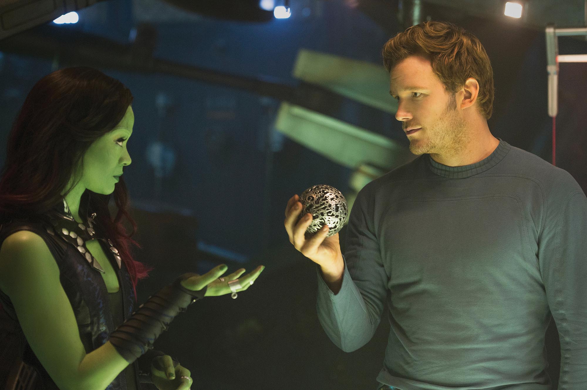 Gamora asks Peter Quill to hand over the orb.