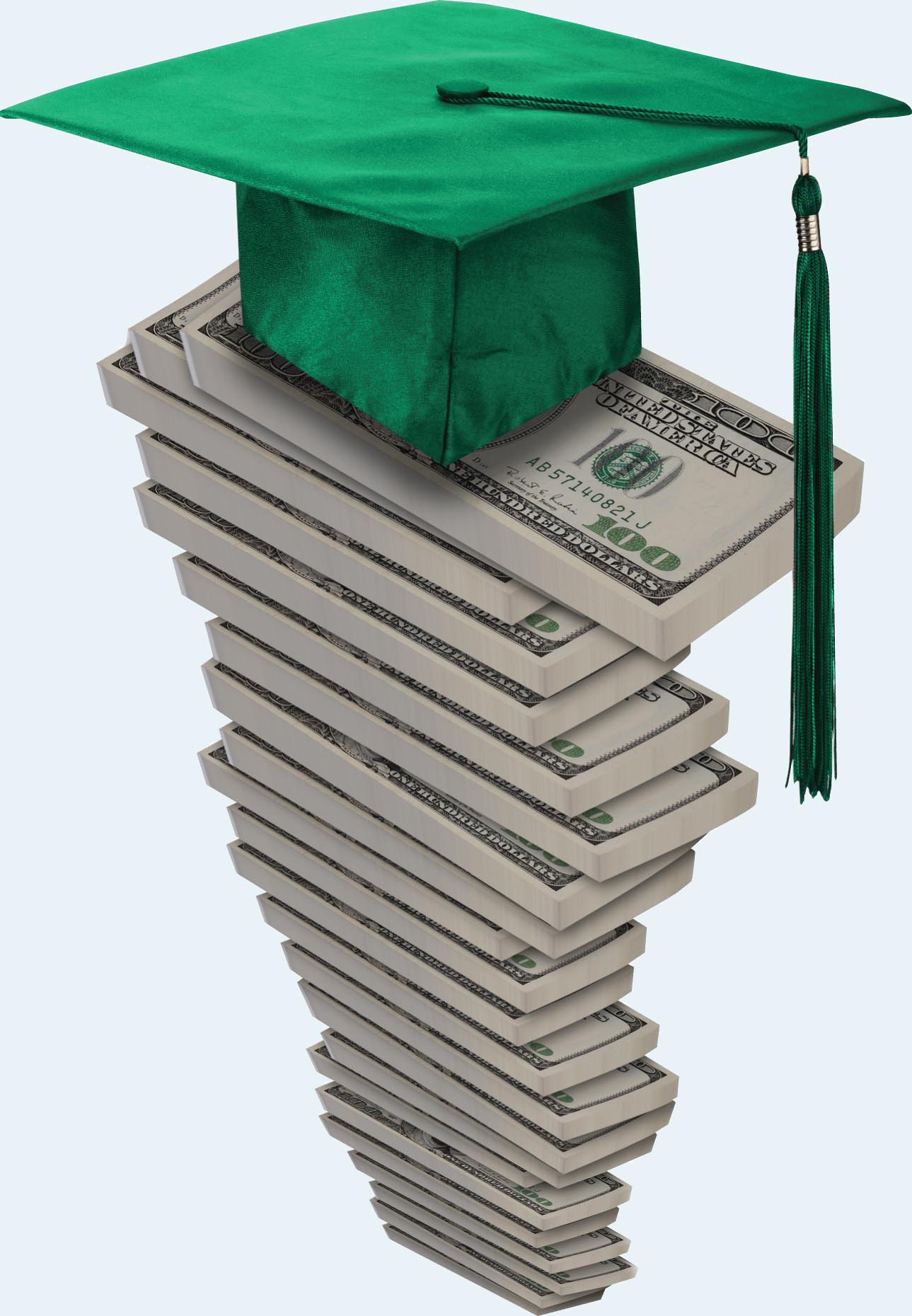 A graduation cap sits on top of a large stack of 100 dollar bills.