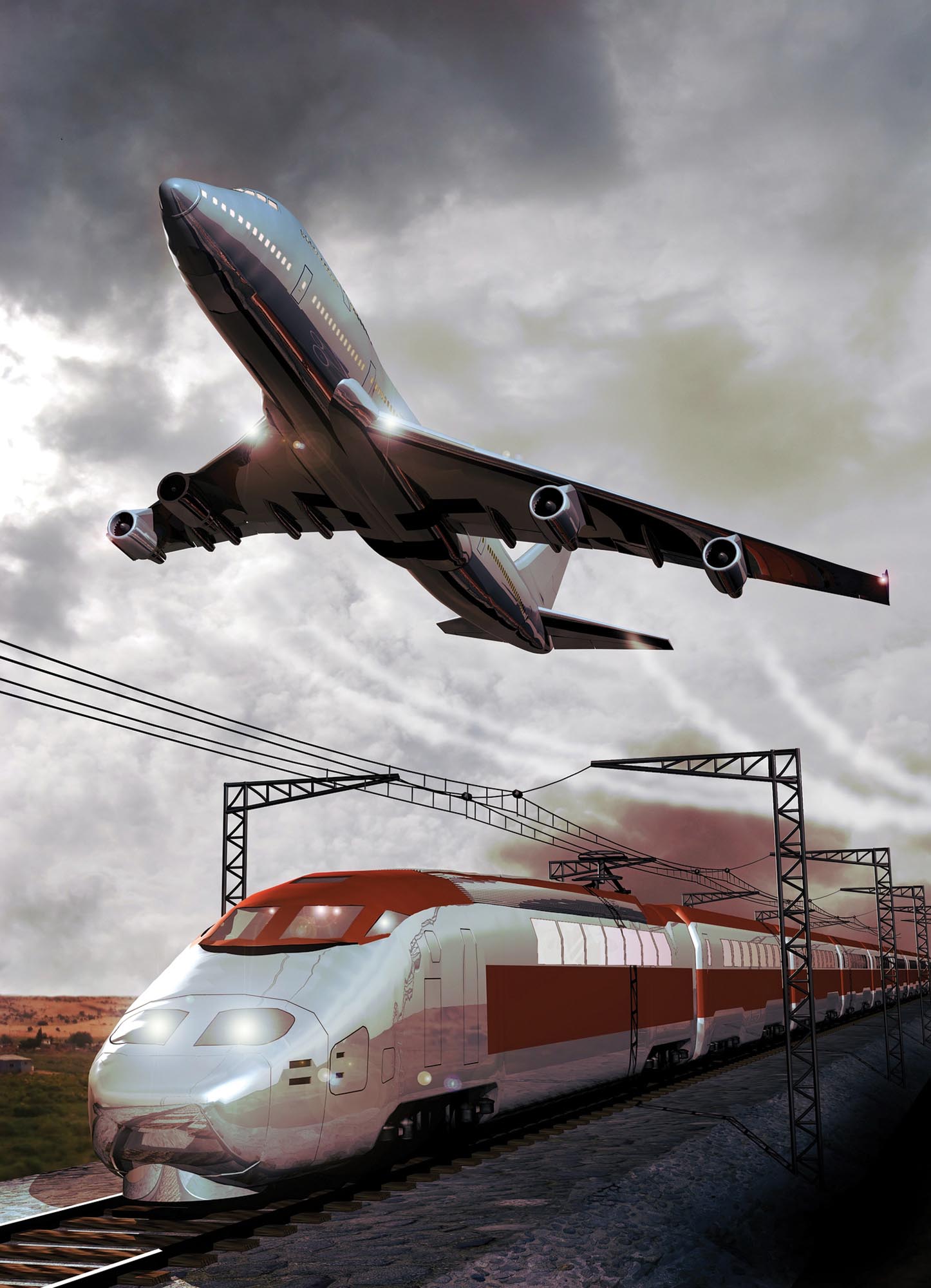 An airplane flies directly above a high-speed train.