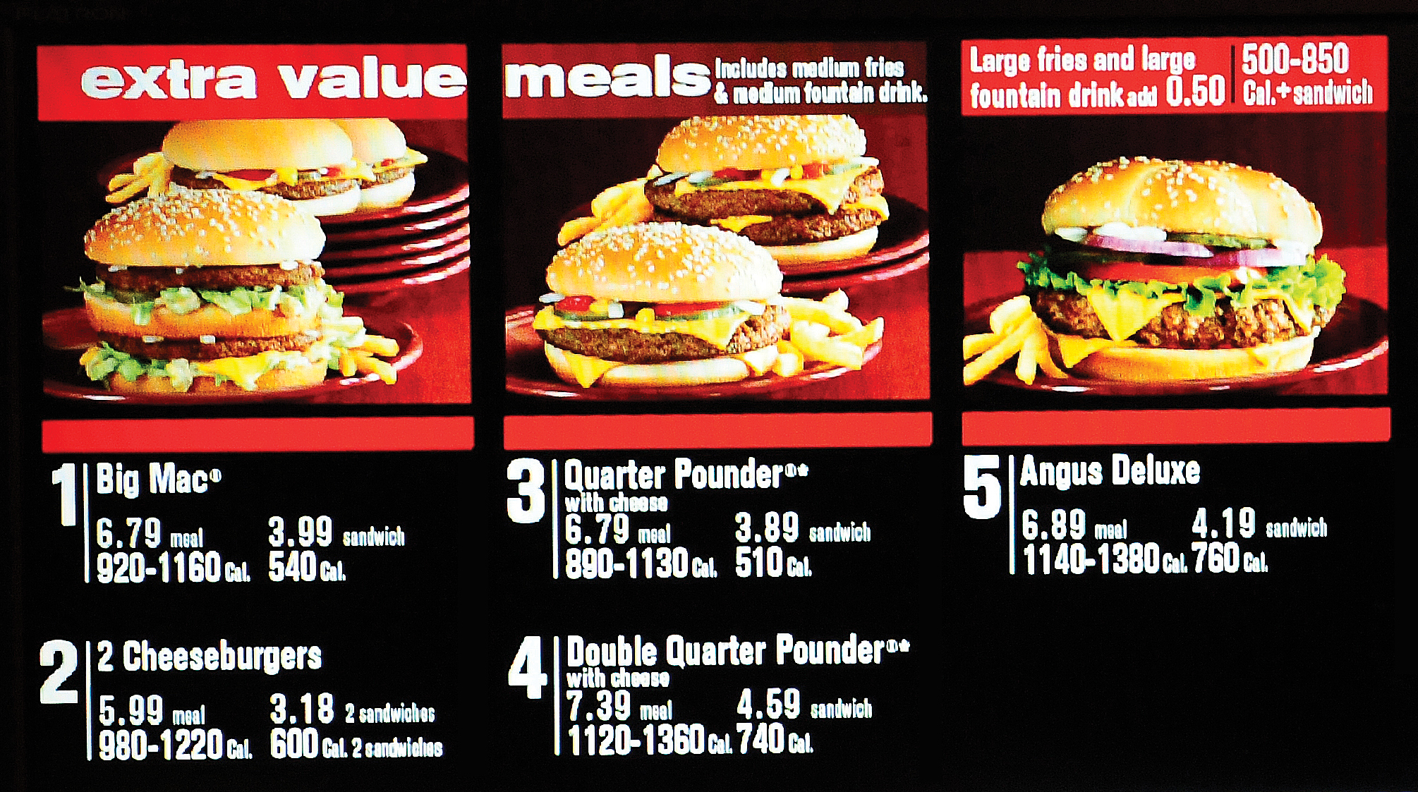 A fast-food menu lists five food choices and their calorie information under three categories.