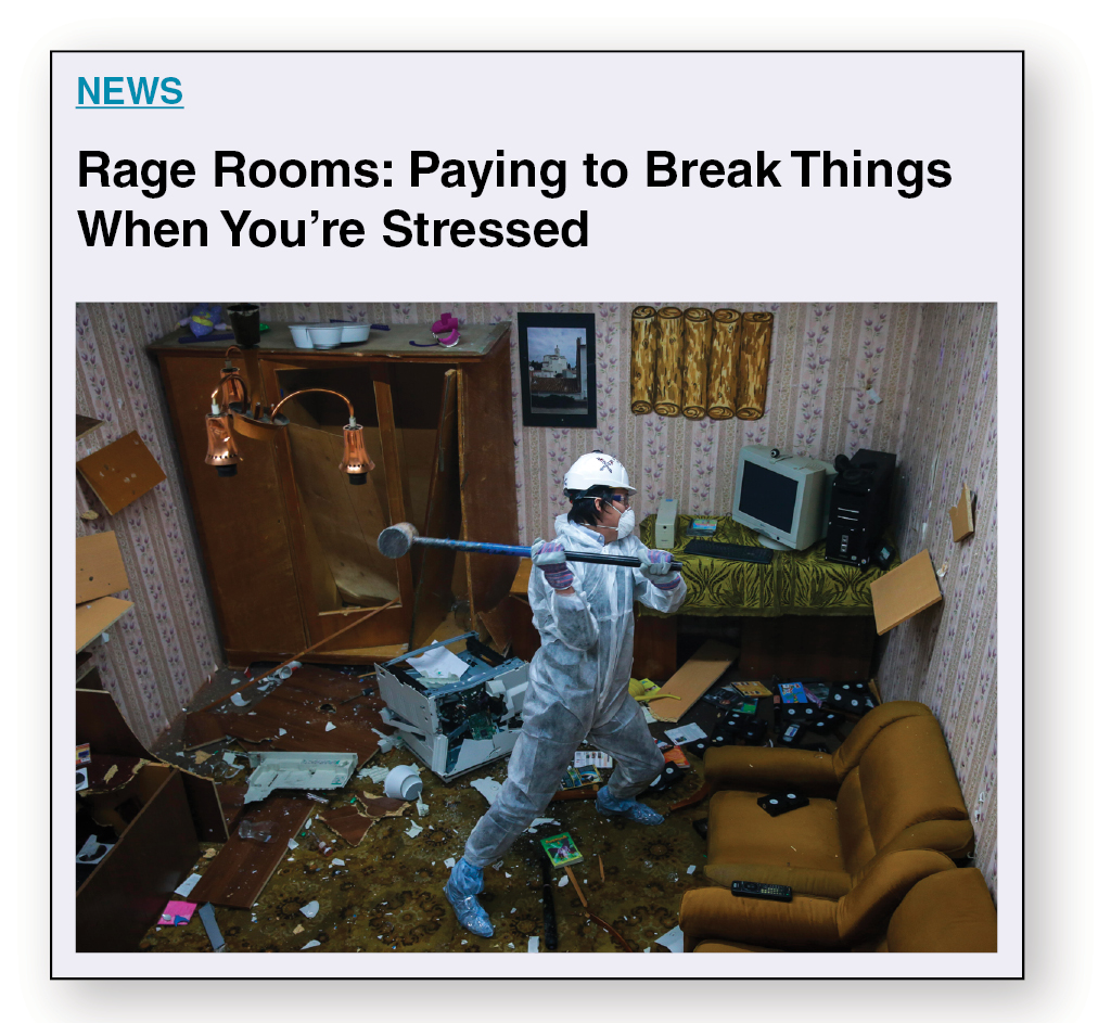 A man wearing overalls breaking things in a room using a large hammer. The room is strewn with broken furniture and electronic items.