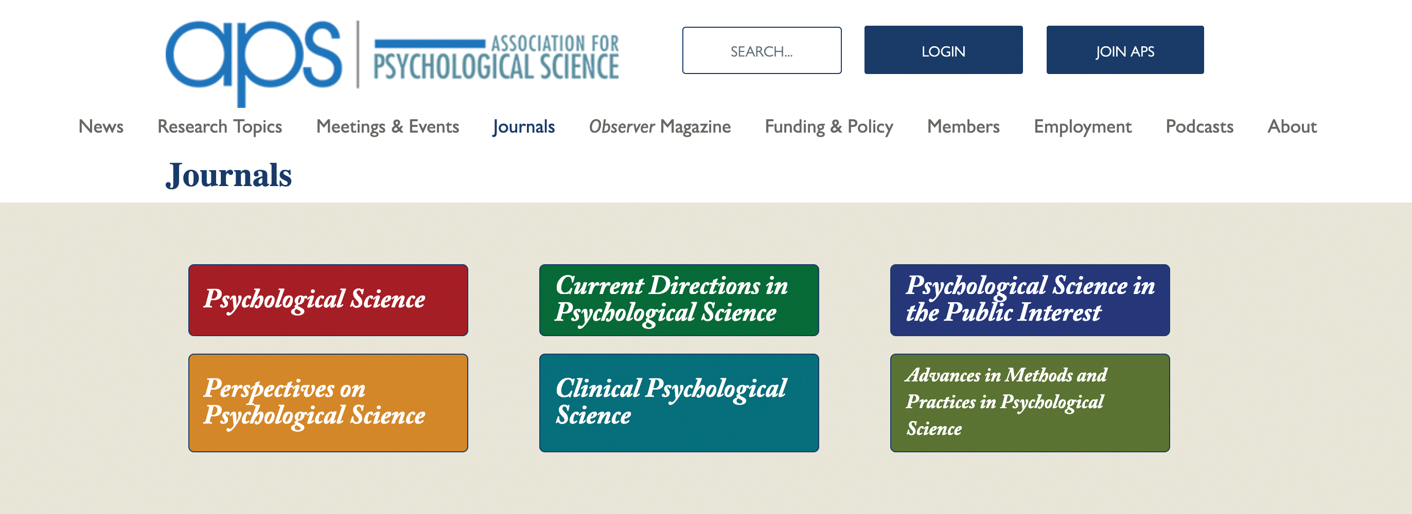 The home page of the Association for Psychological Science (A P S) Journals.