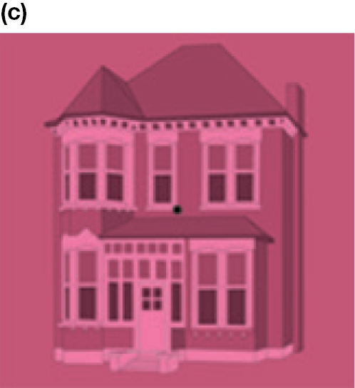 An illustration labeled ‘c’ is of a two-story house without face.