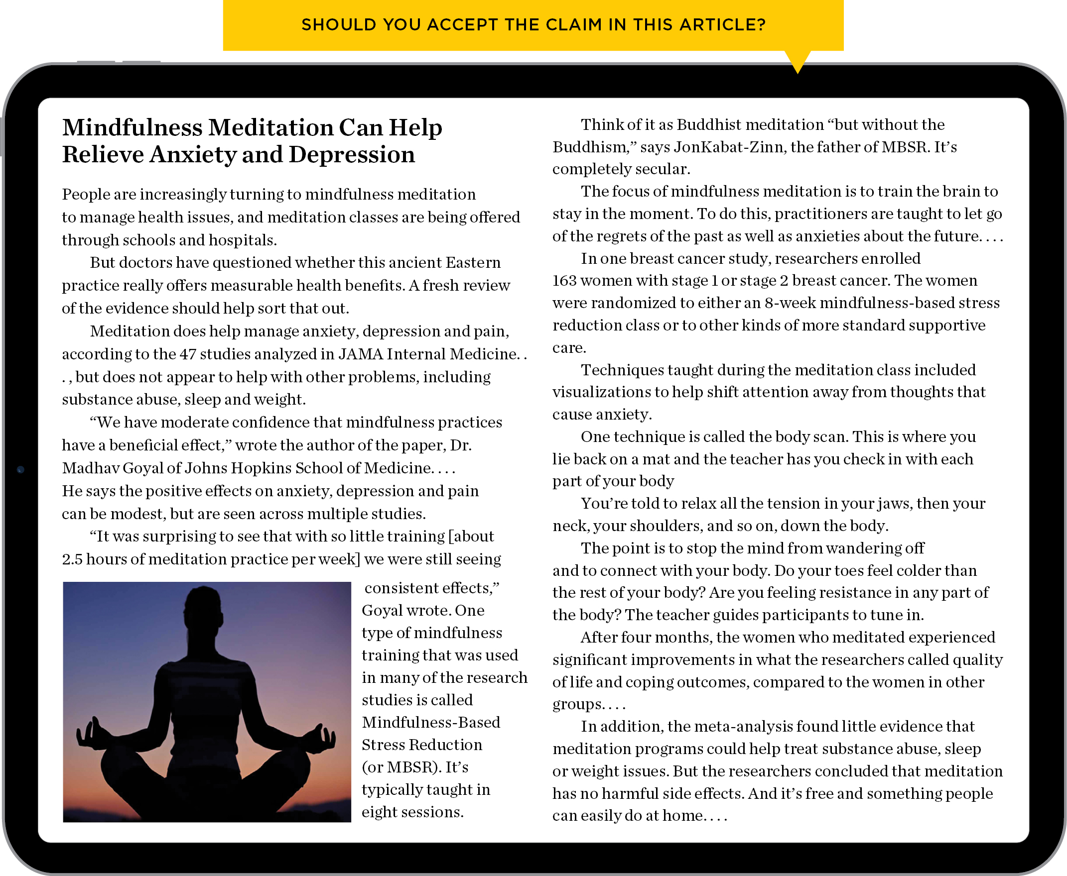 An infographic titled, evaluating psychology in the real world, you are stressed out. Can meditation help?