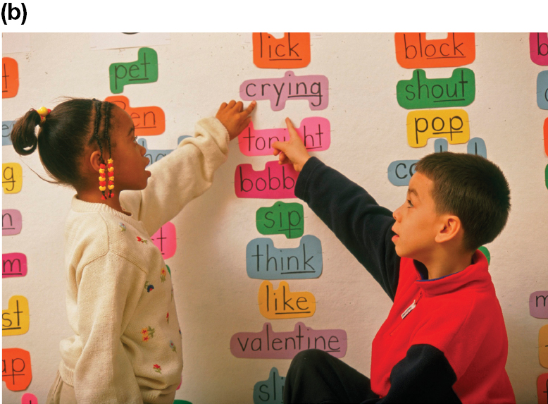 A photo of two children pointing at words on a board.