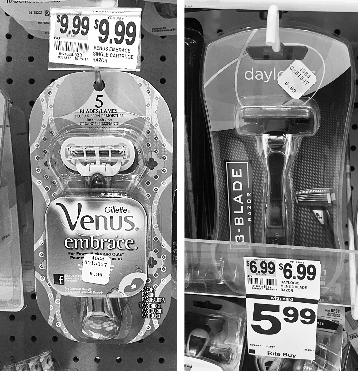 A photo shows a razor product for women priced at 9.99 dollars and a razor product for men priced at 5.99 dollars.
