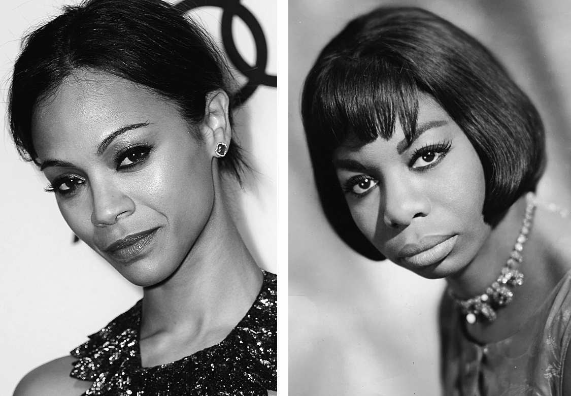 Two photos show Zoe Saldana and Nina Simone.