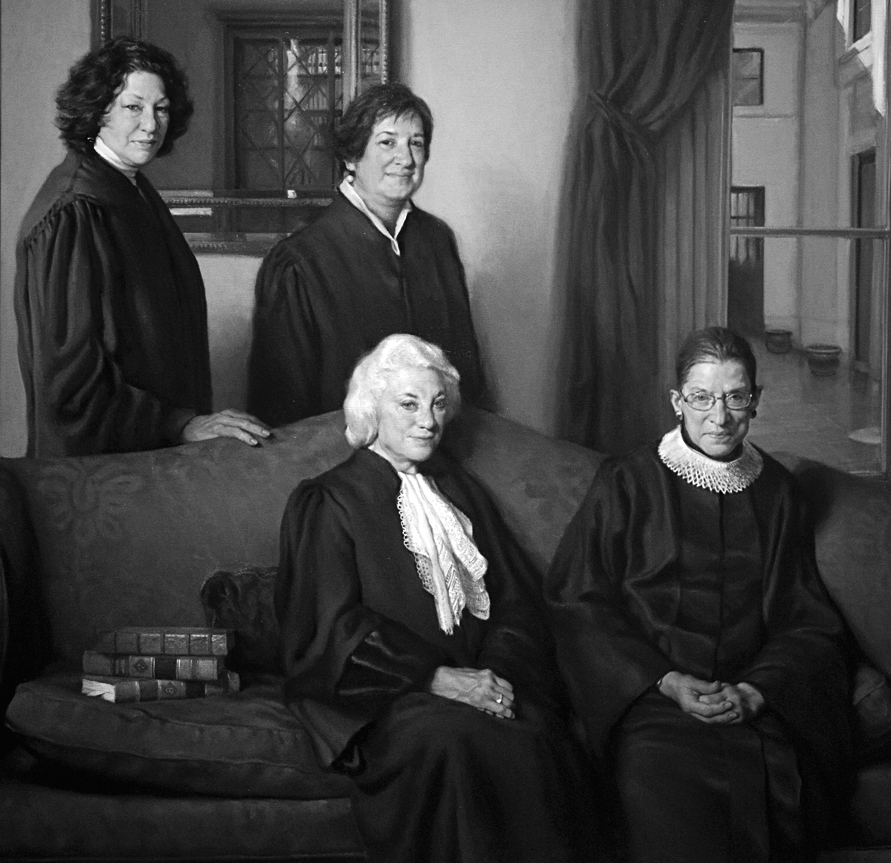 A photo shows the U.S. Supreme Court justices Sonia Sotomayor, Elena Kagan, Sandra Day O’Connor, and Ruth Bader Ginsburg.