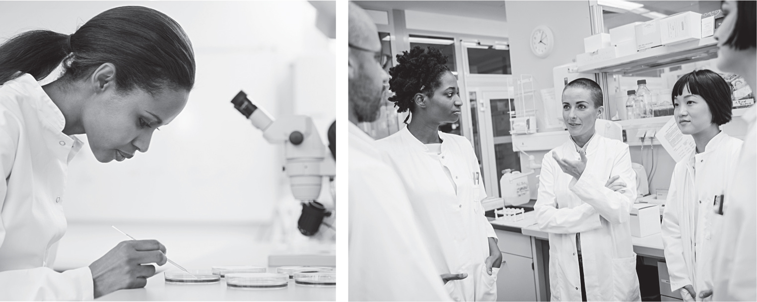 A composite of two photos. The first photo shows a female scientist working with Petri dishes and microscope in a laboratory. The second photo shows a group of male and female scientists having a discussion in a laboratory.