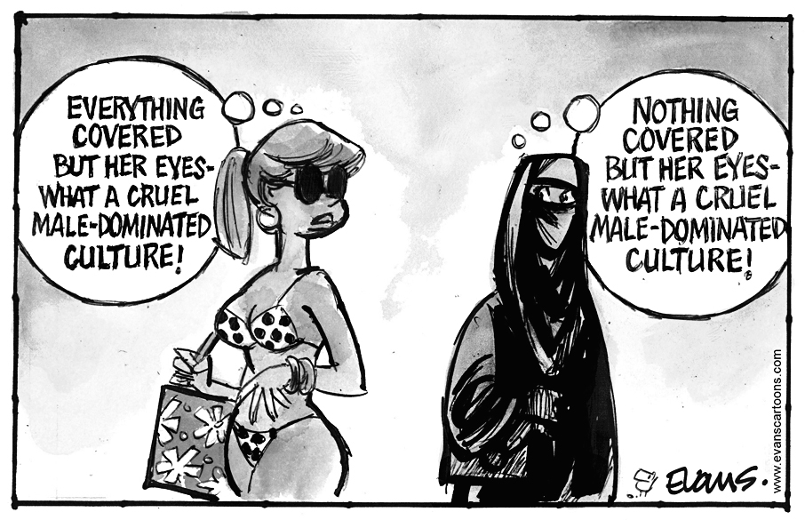 A one-panel cartoon shows two women with thought bubbles.
