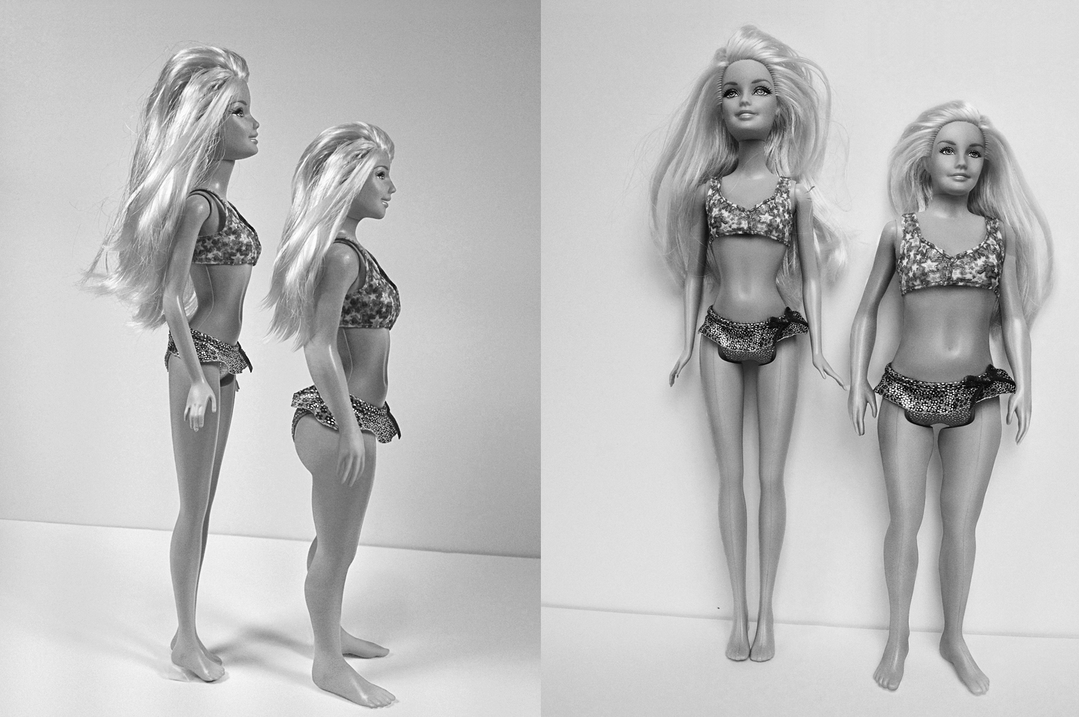 A composite of two photos showing two different Barbie dolls.