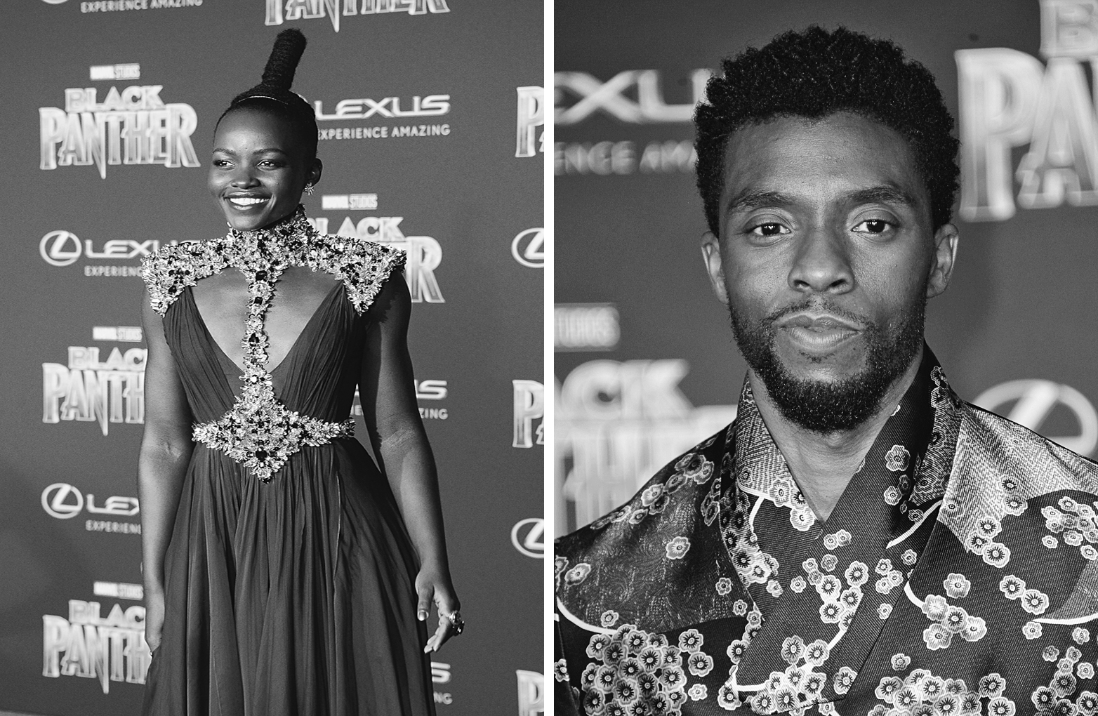 A composite of two photos taken at the premiere of Black Panther.