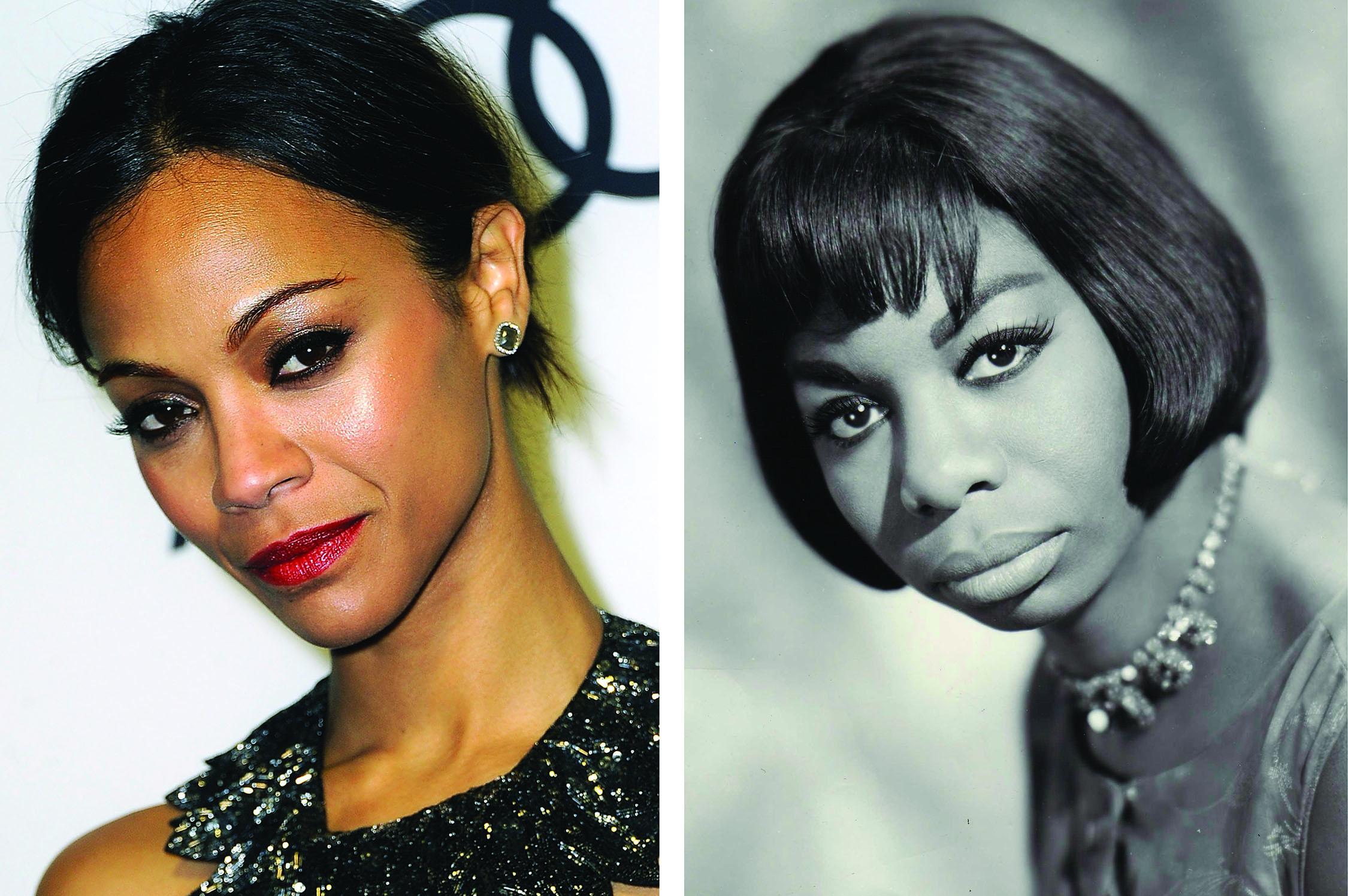 Two photos show Zoe Saldana and Nina Simone.