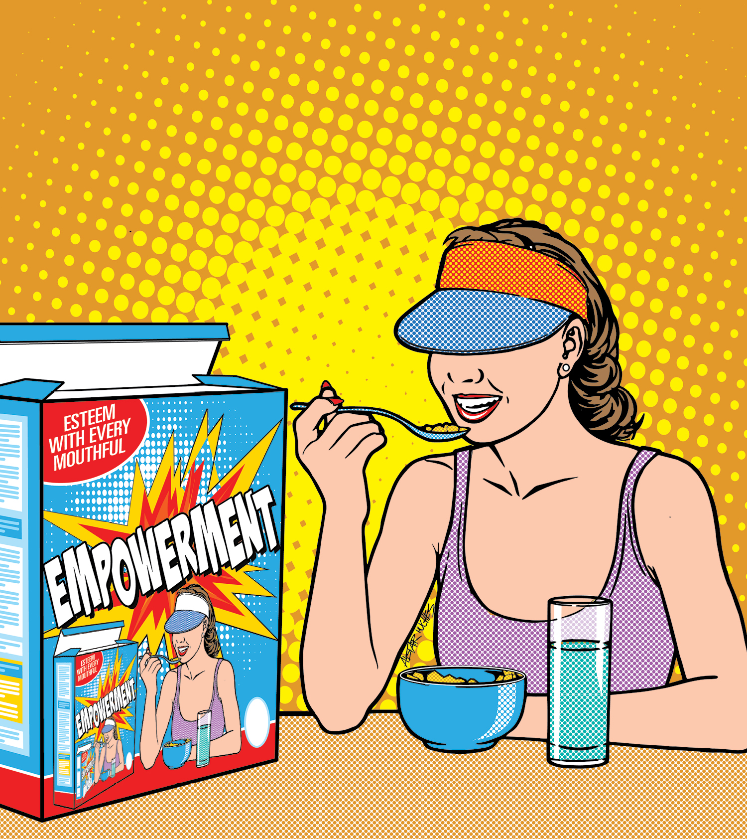 A colorful cartoon shows a woman eating cereal with a copy of the same image of the woman on the cereal box in front of her.