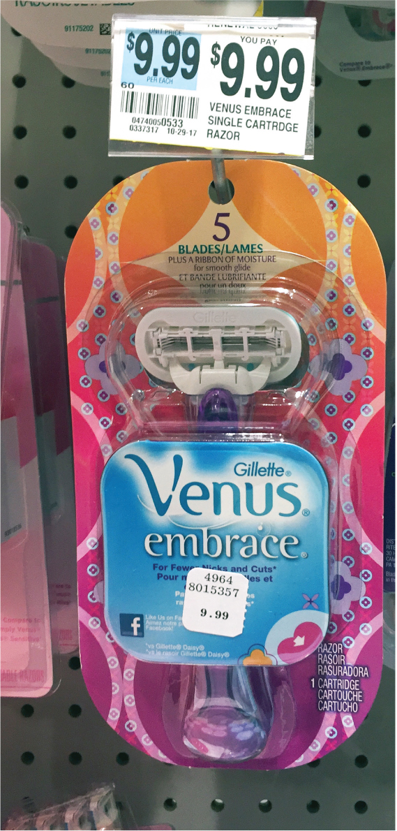 A photo shows a razor product for women priced at 9.99 dollars.