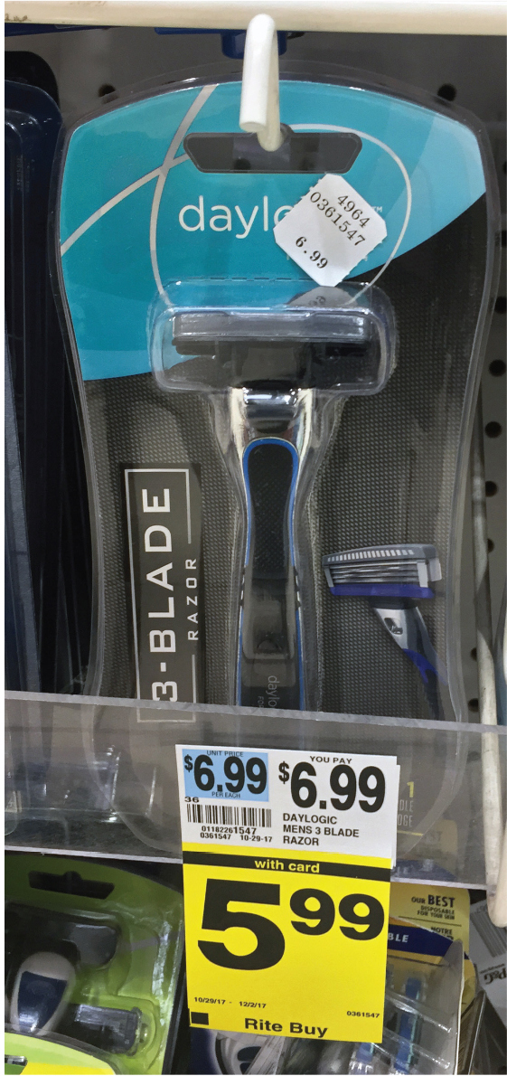 A photo shows a razor product for men priced at 5.99 dollars.
