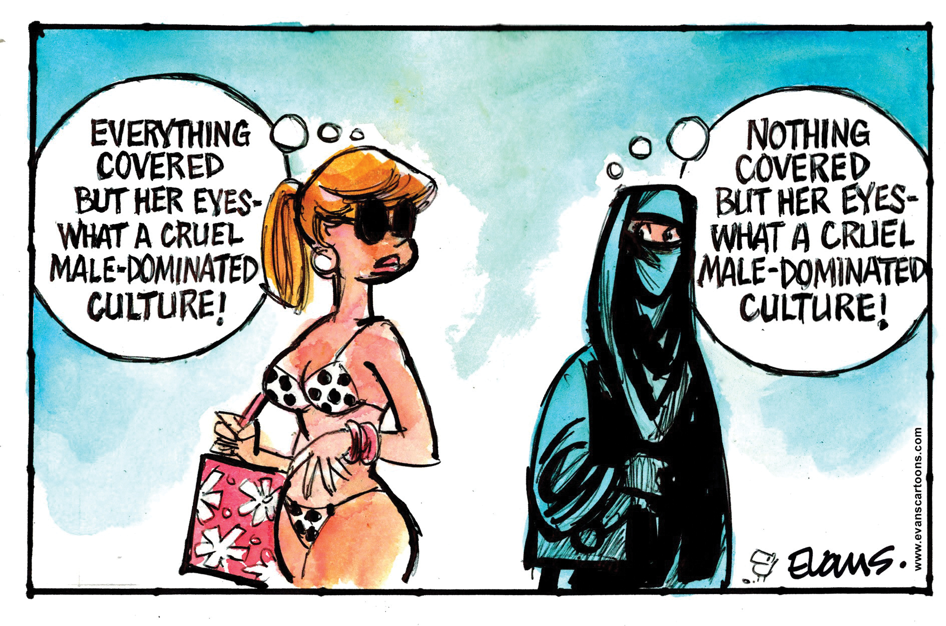 A cartoon of a woman wearing sunglasses and a bikini and a woman in a niqab walking past each other.