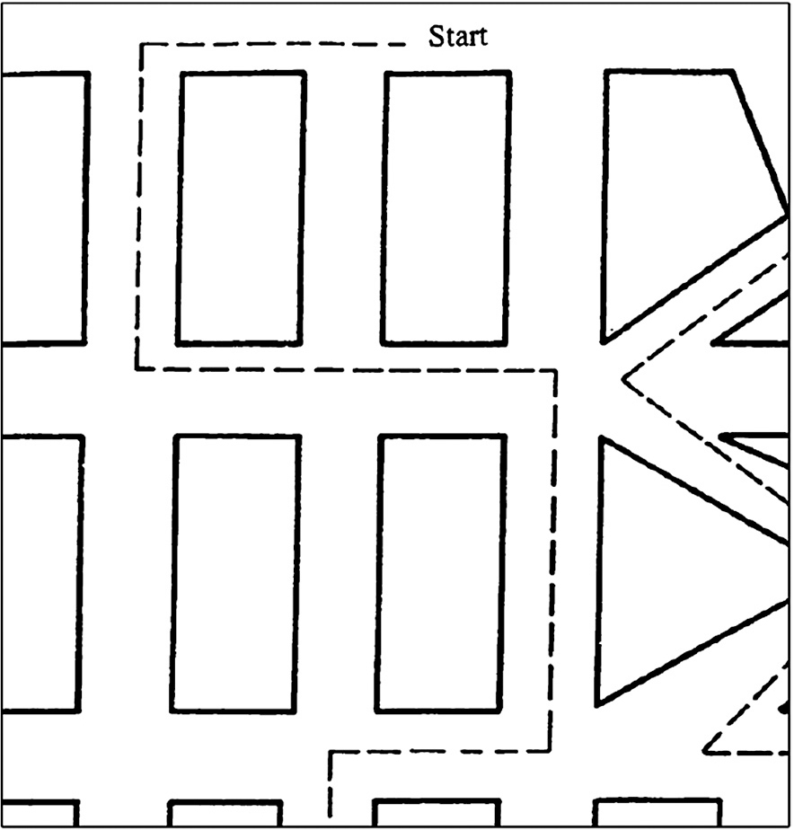 A map with three rectangular blocks in three rows shows a navigation path between the rectangular blocks.
