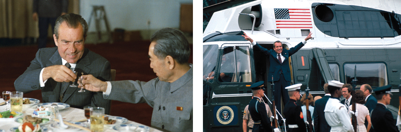 Two photos. Photo 1. President Nixon is in focus. He is sitting at a dinner table toasting with another man. Photo 2. President Nixon posing before entering an automobile. He is holding up a peace sign on both hands. In front of him is a military color guard.