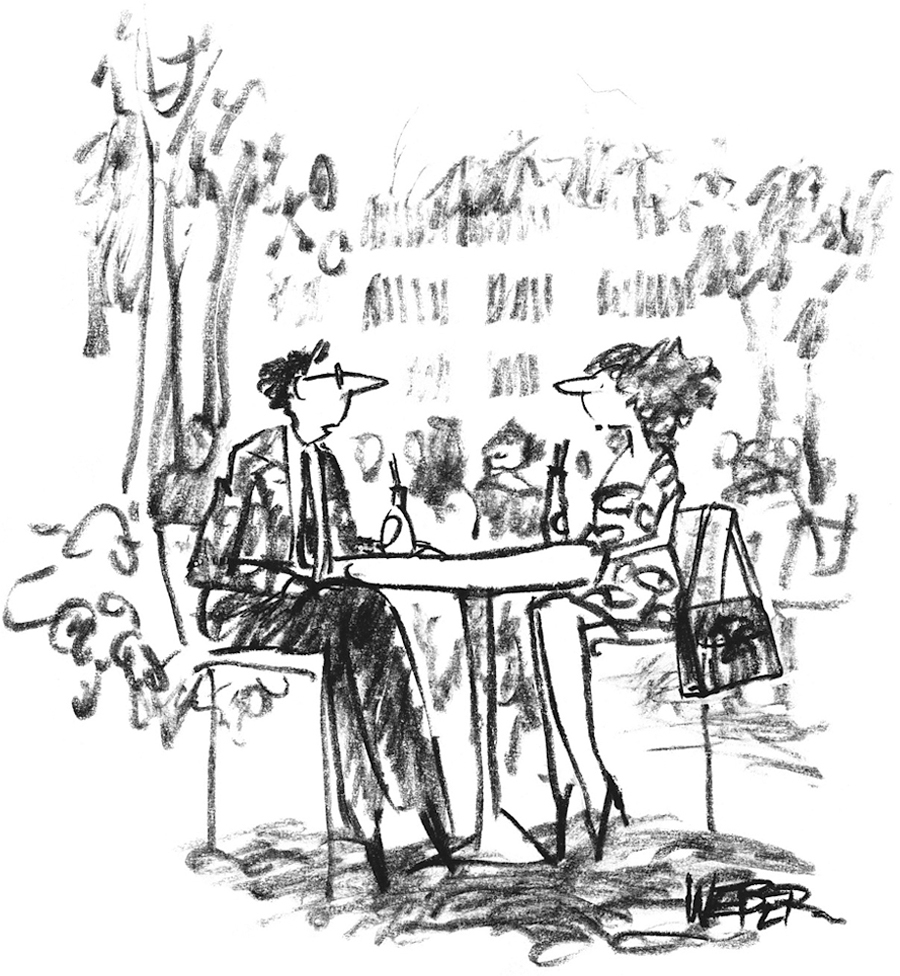 This comic is of a man and woman sitting at a bar table. The woman has lifted her leg and has rested her foot in the man’s lap. They each have bottled drinks. The caption reads, “Do you mind if I say something helpful about your personality?”