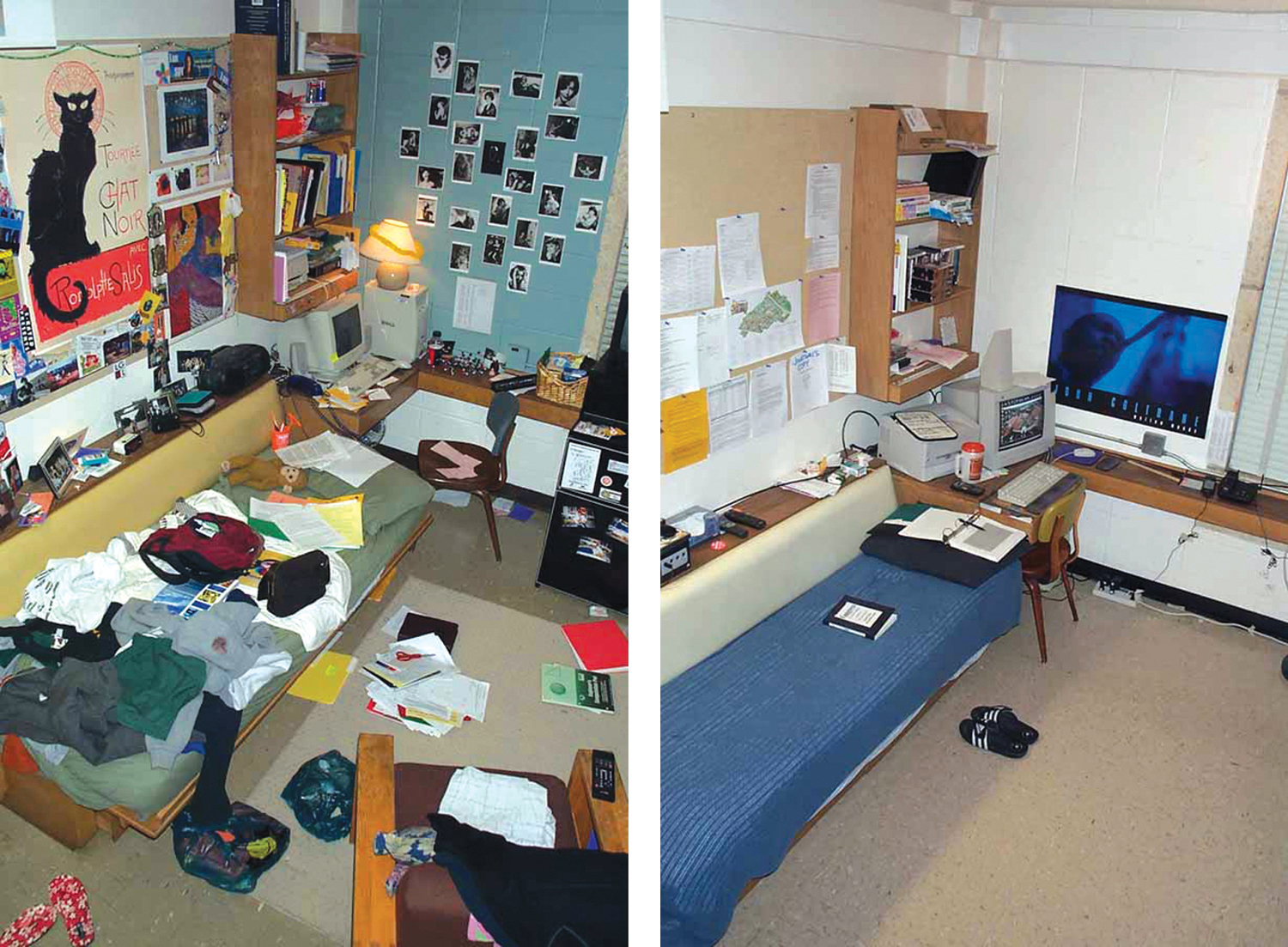 Two photos. Photo 1. Shown is a dorm room that is very messy and disorganized. There are clothes, books, and papers scattered across the bed and sleeping area. On the wall, images and posters cover most of the visible area. The floor has grocery bags full of items, and there are additional books scattered in the floor. Photo 2. A room is shown to be very organized and clutter free. The bed is made, and books are neatly placed where someone has read them. There are papers of lists and schedules organized on the wall. The desk area is clear, and the floor is spotless. There is a pair of shoes neatly arranged by the bed.