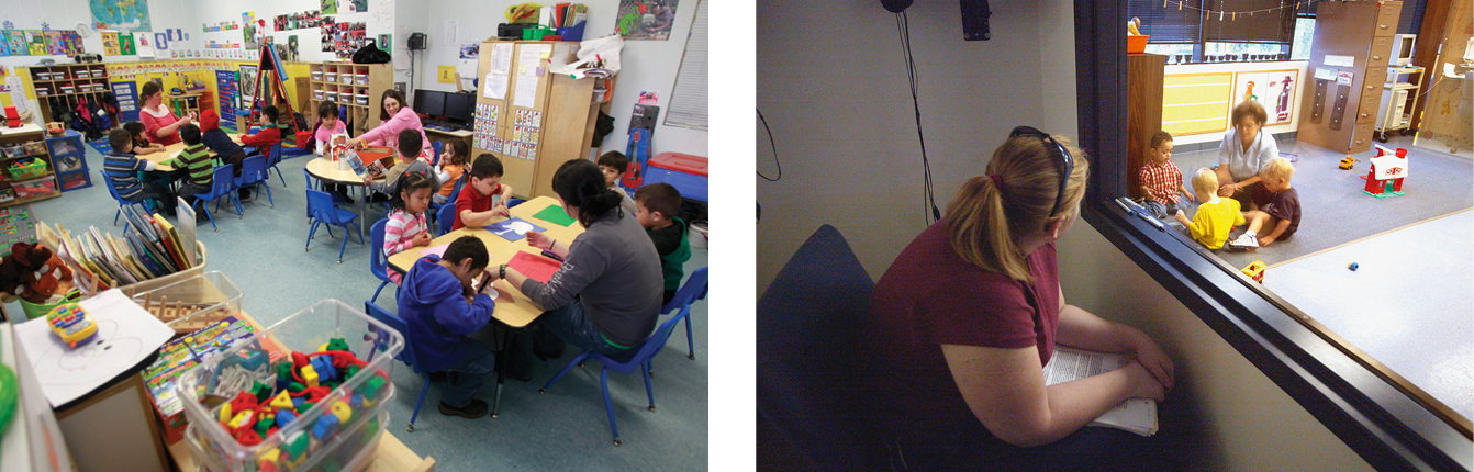 Two photos. Photo 1. Three tables in a class room. Around the tables are young children with a teacher at each table. The children are doing various crafts. Photo 2. An observer sits near a one way mirror while wearing a head set and writing in a notebook. On the other side of the one way mirror, a class room can be seen. There are children sitting around a table and a teacher is standing at the front of the class.