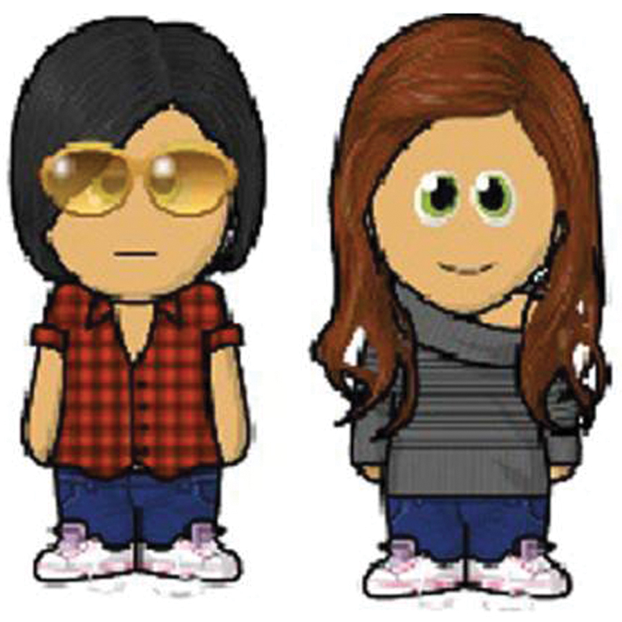 Figure 2.3. Two avatars are shown. The left avatar has black short hair, glasses, a red flannel shirt, blue jeans, and sneakers. The right avatar has long brown hair, green eyes, a grey sweater, blue jeans, and sneakers.