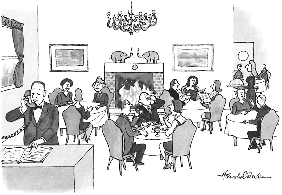 A comic shows a dining area full off people talking, eating, and ordering food. The host is on the phone and is writing in a reservation book. The text for the comic reads, “Certainly. A Party of Four at seven-thirty in the name of Dr. Jennings. May I ask whether that is an actual medical degree or merely a Ph.D.?”